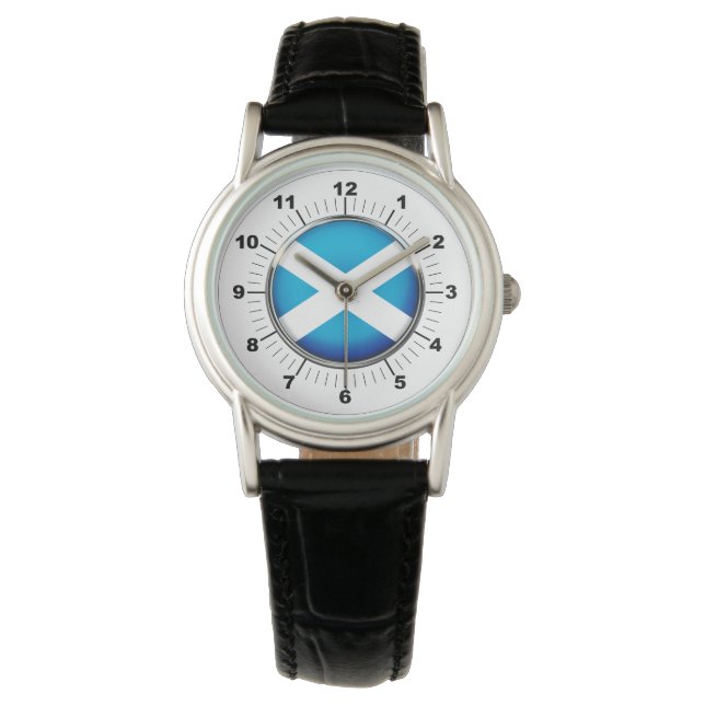 Women's Scotland Flag Black Leather Strap Watch (Front)