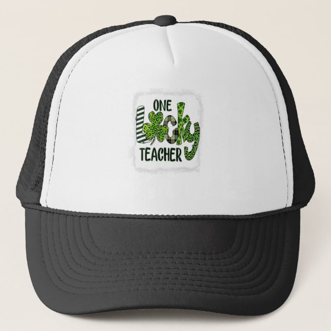 Womens Shamrock One Lucky Teacher St  Patrick Trucker Hat (Front)