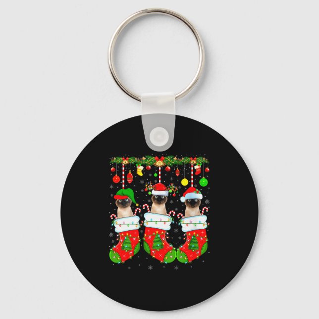 Womens Siamese Cats In Christmas Socks Funny Cat X Key Ring (Front)