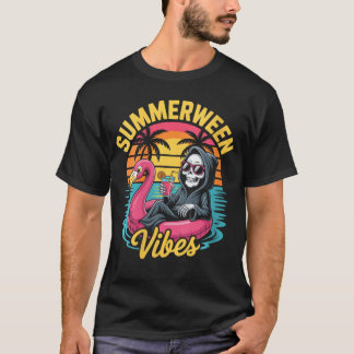 Womens Skeleton Flamingo Spooky Summer Party Beach T-Shirt