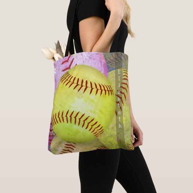 women's softball tote bag with custom name (Close Up)