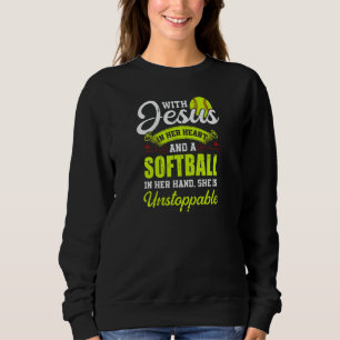 Womens Softball With Jesus And A Softball She Is U Sweatshirt
