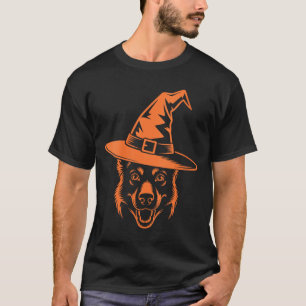 Womens Spooky Black German Shepherd Dog Witch Hat T-Shirt