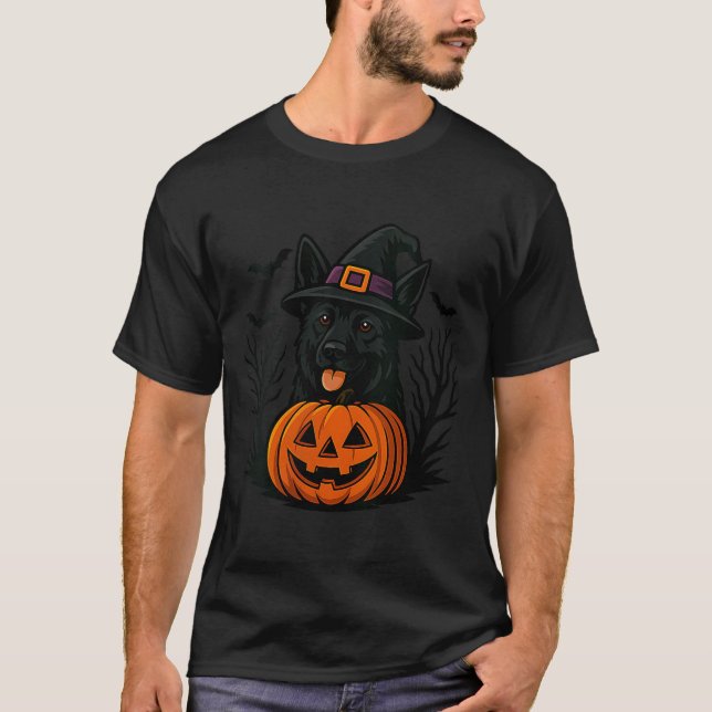 Womens Spooky Black German Shepherd Witch Hat T-Shirt (Front)
