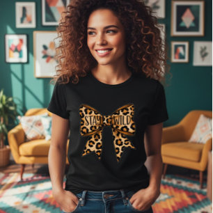 Women's Stay Wild T-Shirt, Leopard Bow Print T-Shirt