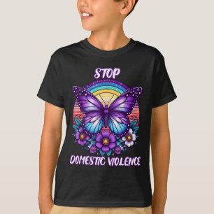 Womens Stop Domestic Violence Purple Retro Rainbow T-Shirt