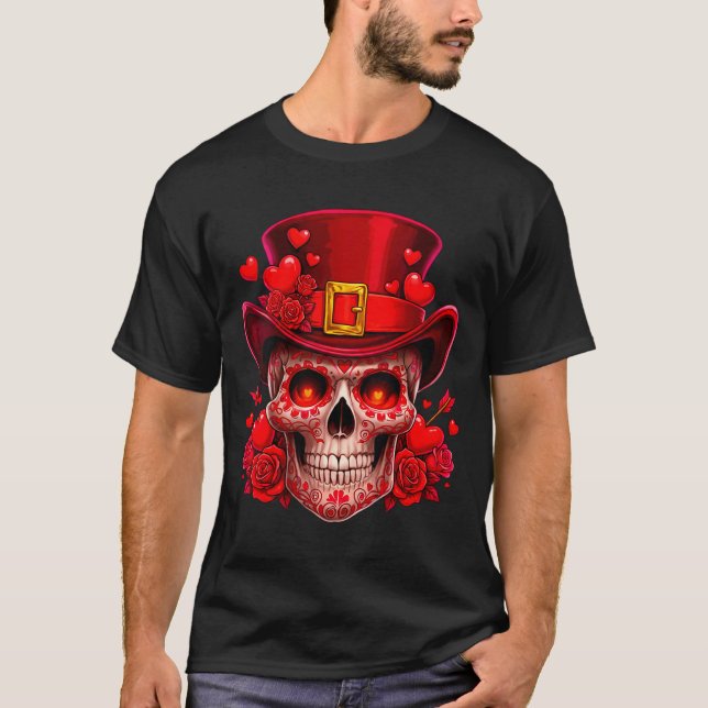 Women's Sugar Skull Valentine Cud Red Roses Couple T-Shirt (Front)