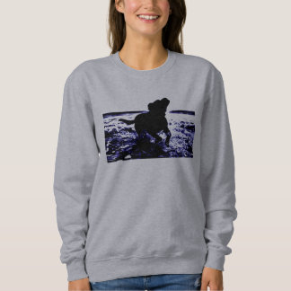 Women's sweatshirt black lab playing in water