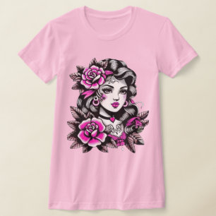 Women's Tattoo Style Woman with Roses T-Shirt