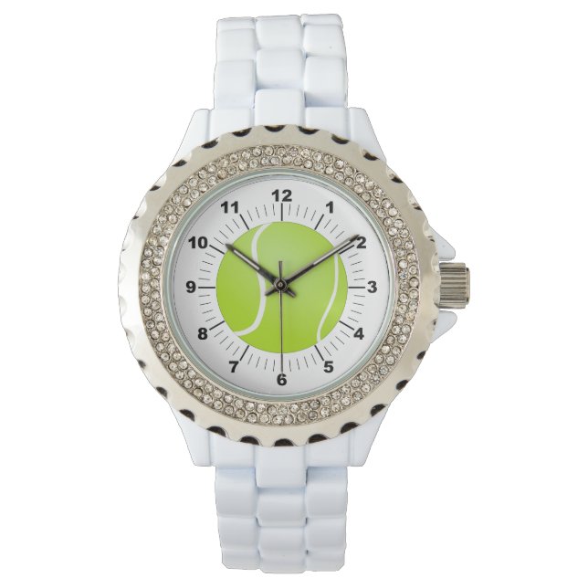 Women's Tennis Ball Rhinestone White Enamel Watch (Front)
