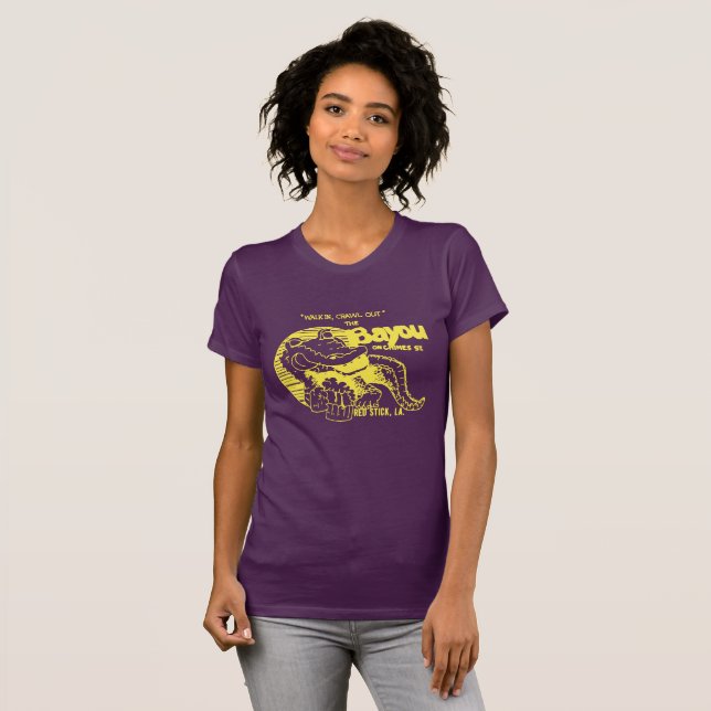 Women's "The Bayou" tee in Purple and Gold. (Front Full)