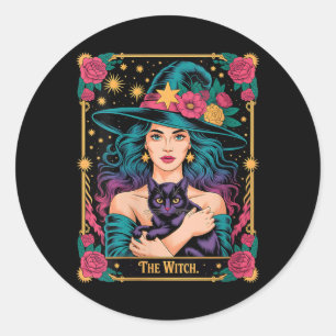 Womens The Witch Card Halloween Gothic Witchy Classic Round Sticker