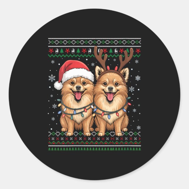 Womens Ugly Meranian Dog Xmas Santa Matching Chris Classic Round Sticker (Front)