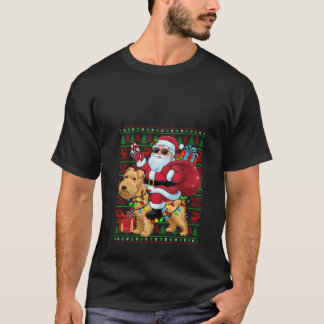 Womens Ugly Xmas Lights Santa Riding Wheaten Terri T-Shirt