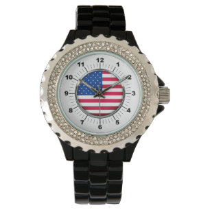 Women's USA Flag Rhinestone Black Enamel Watch