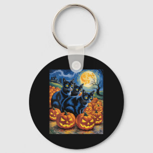 Womens Van Gogh Style Black Cats Halloween Pumpkin Key Ring