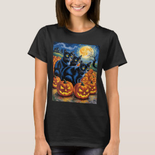Womens Van Gogh Style Black Cats Halloween Pumpkin T-Shirt