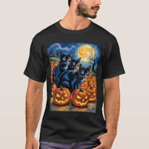 Womens Van Gogh Style Black Cats Halloween Pumpkin T-Shirt