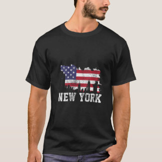 Womens Vintage New York City NYC Skyline USA Flag T-Shirt