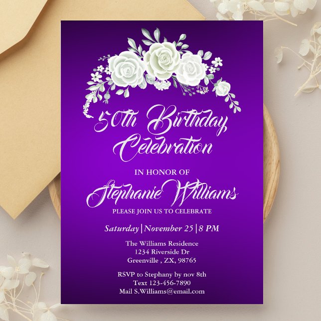 Women's Vintage Purple White Rose 50th Birthday Invitation (Creator Uploaded)