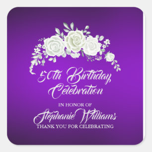 Women's Vintage Purple White Rose 50th Birthday Square Sticker