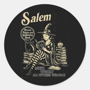 Womens Vintage Salem Book Club Black Cat Bookish Classic Round Sticker