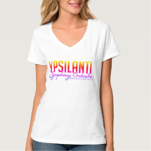 Women's vneck colour logo on white T-Shirt