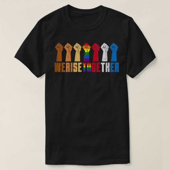 Womens We Rise Together Black Rainbow Fist Pride E T-Shirt (Design Front)