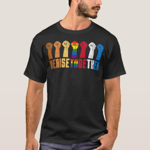 Womens We Rise Together Black Rainbow Fist Pride E T-Shirt