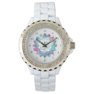 *~* Women's White Om New Age Flower Lotus Mandala Watch