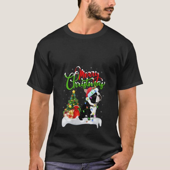 Womens Xmas Lighting Matching Santa Boston Terrier T-Shirt (Front)