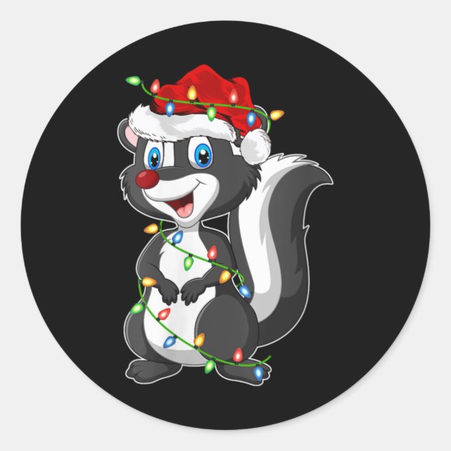 Womens Xmas Lights Santa Hat Skunk Christmas V Nec Classic Round Sticker (Front)