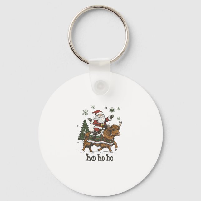Womens Xmas Tree Lighting Santa Riding Highland Co Key Ring (Front)