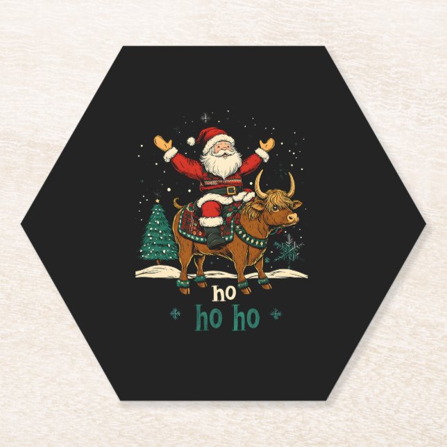 Womens Xmas Tree Lighting Santa Riding Highland Co Paper Coaster (Front)