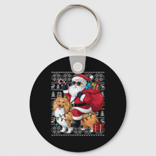 Womens Xmas Ugly Sweater Santa Riding Shepherd Dog Key Ring