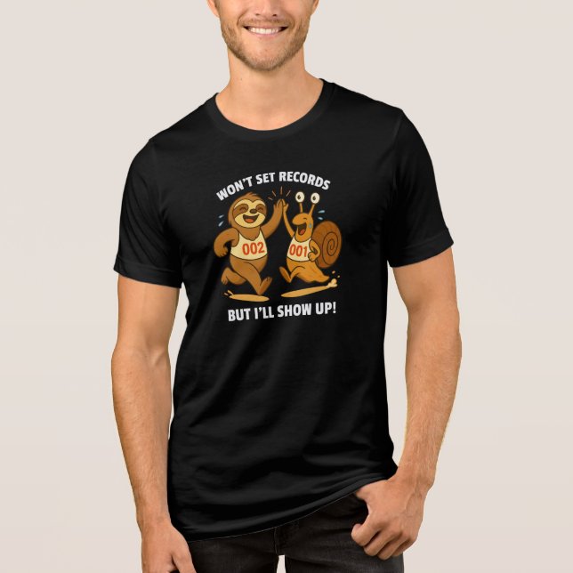 Won’t Set Records – Sloth and Snail Running Team Tri-Blend Shirt (Front)
