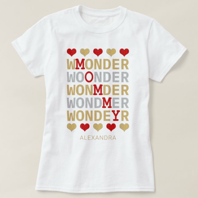 Wonder Mummy Red Gold Silver Glitter Name Custom T-Shirt (Design Front)