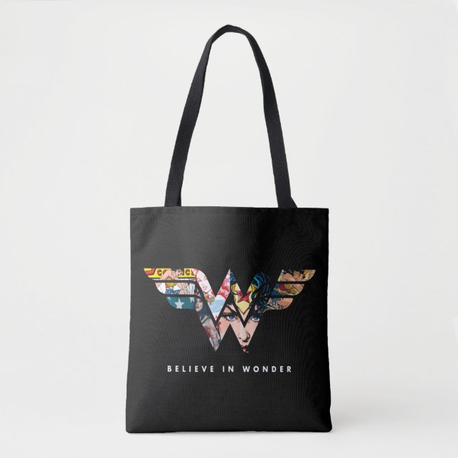 Wonder Woman "Believe In Wonder" Collage Logo Tote Bag (Front)
