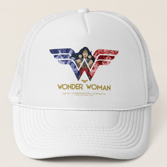 Wonder Woman Crossed Arms in Logo Collage Trucker Hat (Front)