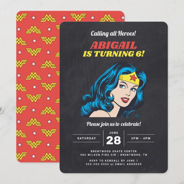 Wonder Woman Girls Chalkboard Birthday Invitation (Front/Back)