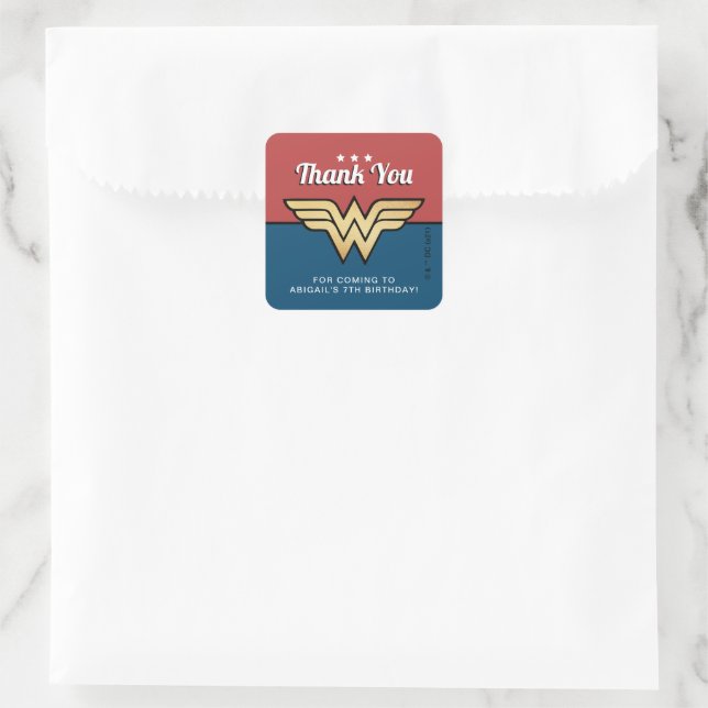 Wonder Woman Golden Logo | Birthday Thank You Square Sticker (Bag)