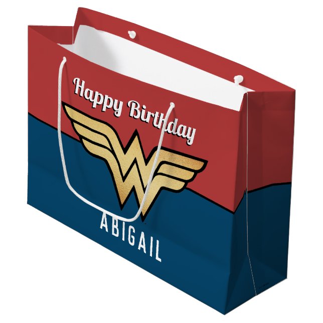 Wonder Woman Golden Logo | Happy Birthday Large Gift Bag (Front Angled)