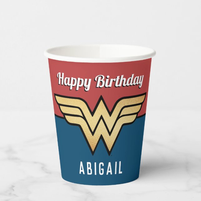 Wonder Woman Golden Logo | Happy Birthday Paper Cups (Left)
