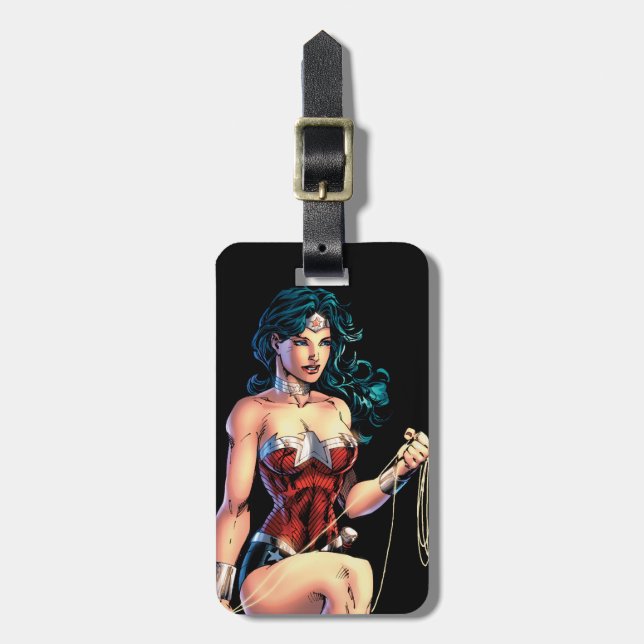 Wonder Woman Gripping Lasso Atop Rock Luggage Tag (Front Vertical)
