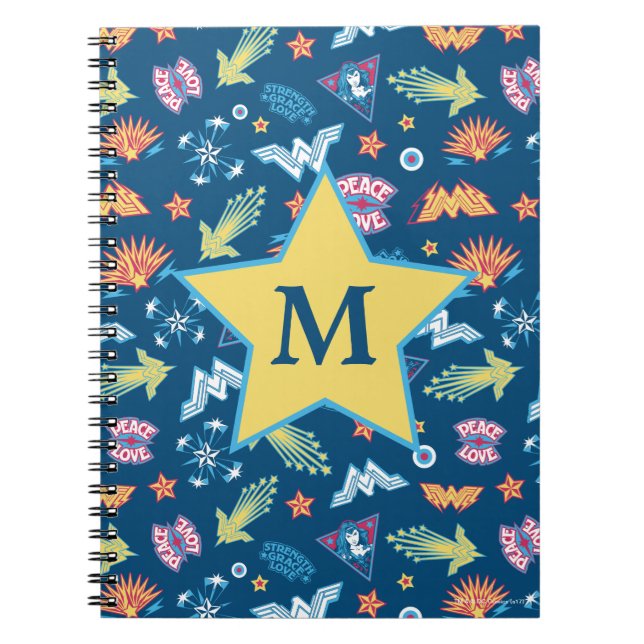 Wonder Woman Icons & Phrases Pattern | Monogram Notebook (Front)