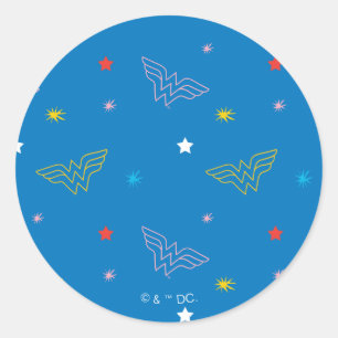 Wonder Woman Logo and Stars Blue Pattern Classic Round Sticker