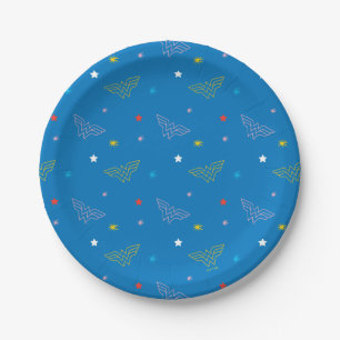 Wonder Woman Logo and Stars Blue Pattern Paper Plate