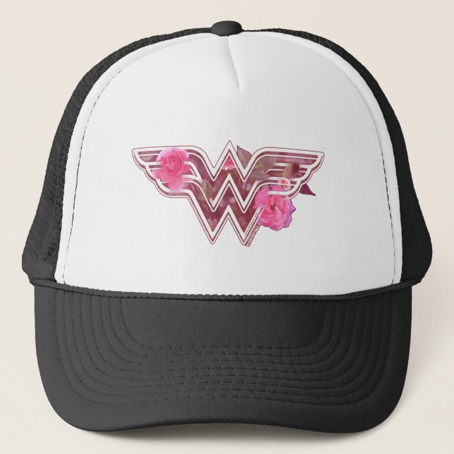 Wonder Woman Pink Camellia Flowers Logo Trucker Hat (Front)