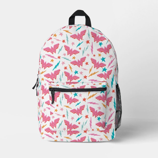 Wonder Woman Pink Logo and Lightning Pattern Printed Backpack (Front)