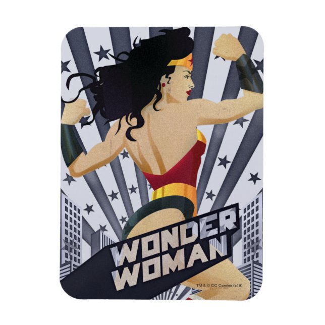 Wonder Woman Retro City Sunburst and Stars Magnet (Vertical)